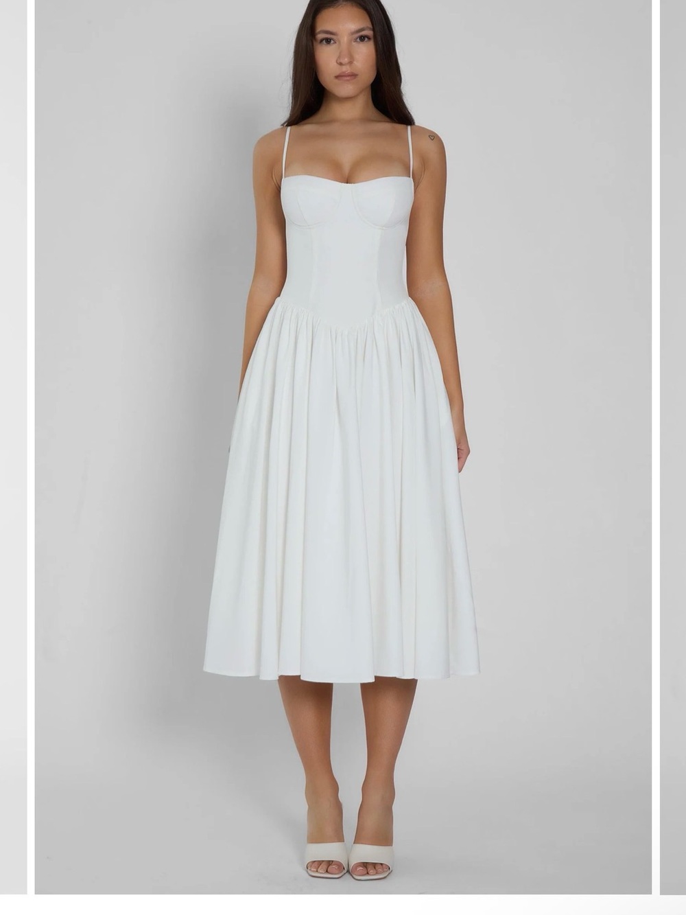 Women's White Spaghetti-Strap Midi Dress with Fitted Bodice